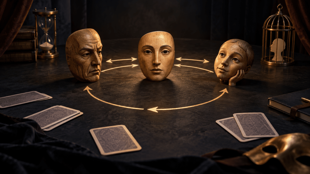 Three wooden masks arranged on a dark game-like stage with looping arrows, symbolizing Parent, Adult, and Child ego states in Eric Berne's Games People Play.