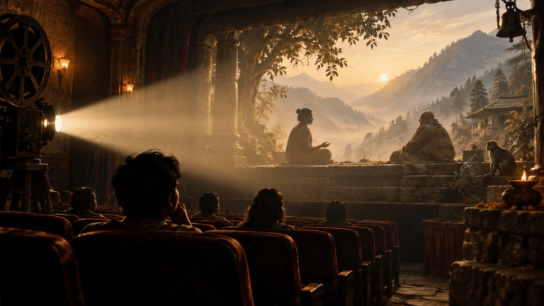 Cinema projector illuminating a contemplative satsang with Sant Gyaneshwar and Neem Karoli Baba in the Himalayas
