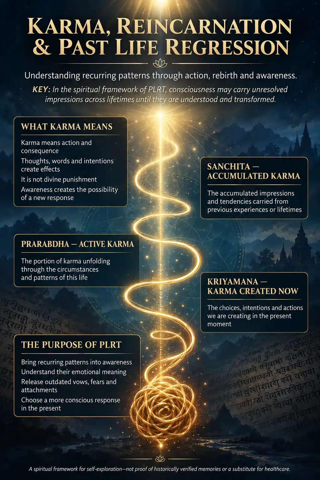 Karma, reincarnation and Past Life Regression infographic explaining accumulated, active and present karma