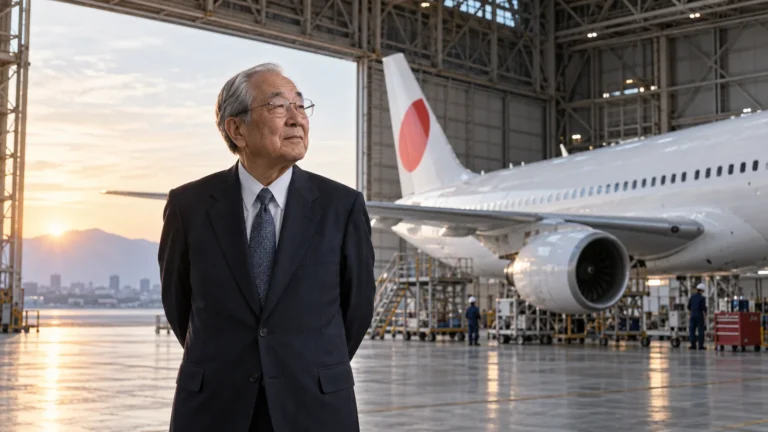 Elderly Japanese business leader in an aircraft hangar beside a passenger plane, representing Kazuo Inamori’s leadership at Japan Airlines