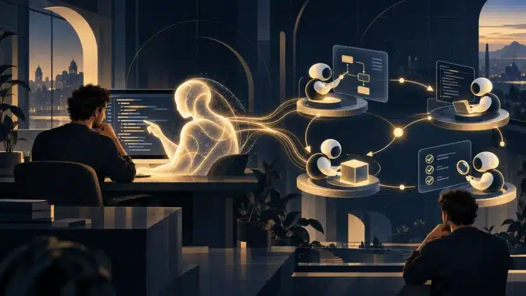 Developer supervising the transition from AI coding assistance to coordinated software agents