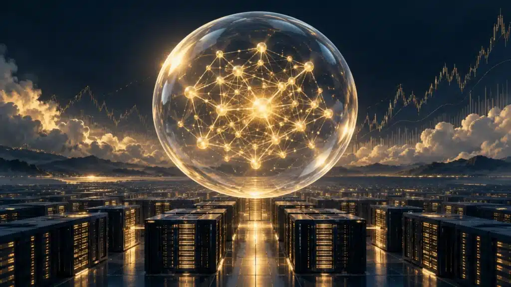 A glowing gold neural network inside a transparent bubble above data-center servers and financial charts