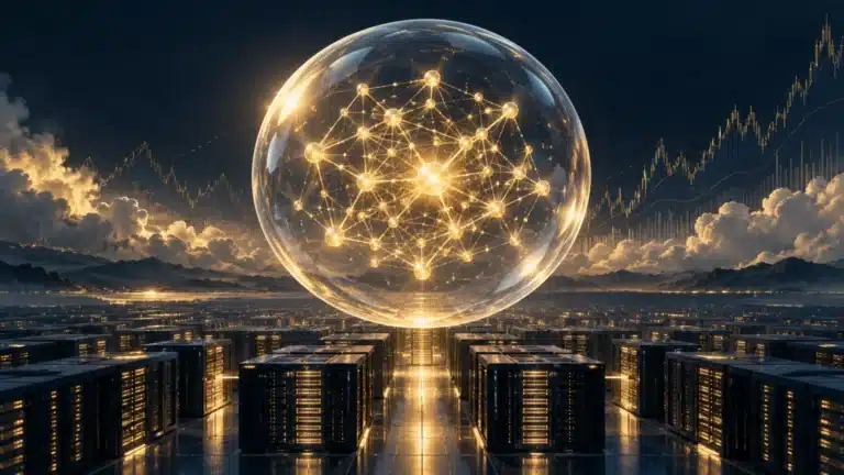 A glowing gold neural network inside a transparent bubble above data-center servers and financial charts