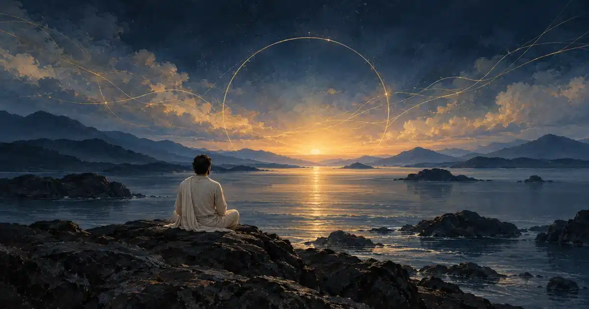 A person meditating on a rocky shore beneath fine golden threads and a luminous horizon.