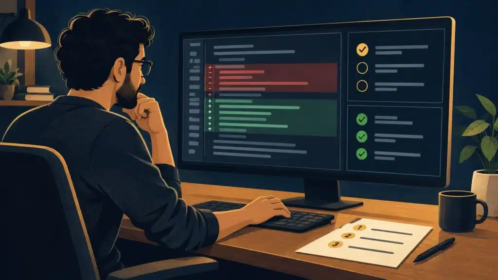 Developer reviewing code changes, a task checklist, and passing tests on a monitor