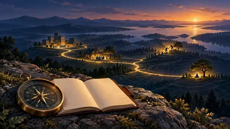 A compass and open notebook overlook illuminated paths linking work, relationships, service, and reflection at sunset.