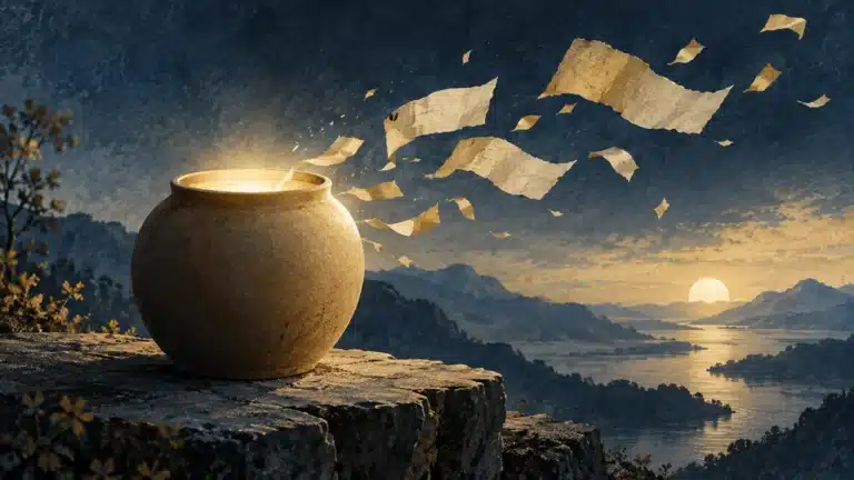 A luminous clay vessel with blank paper shapes drifting into an open sky.
