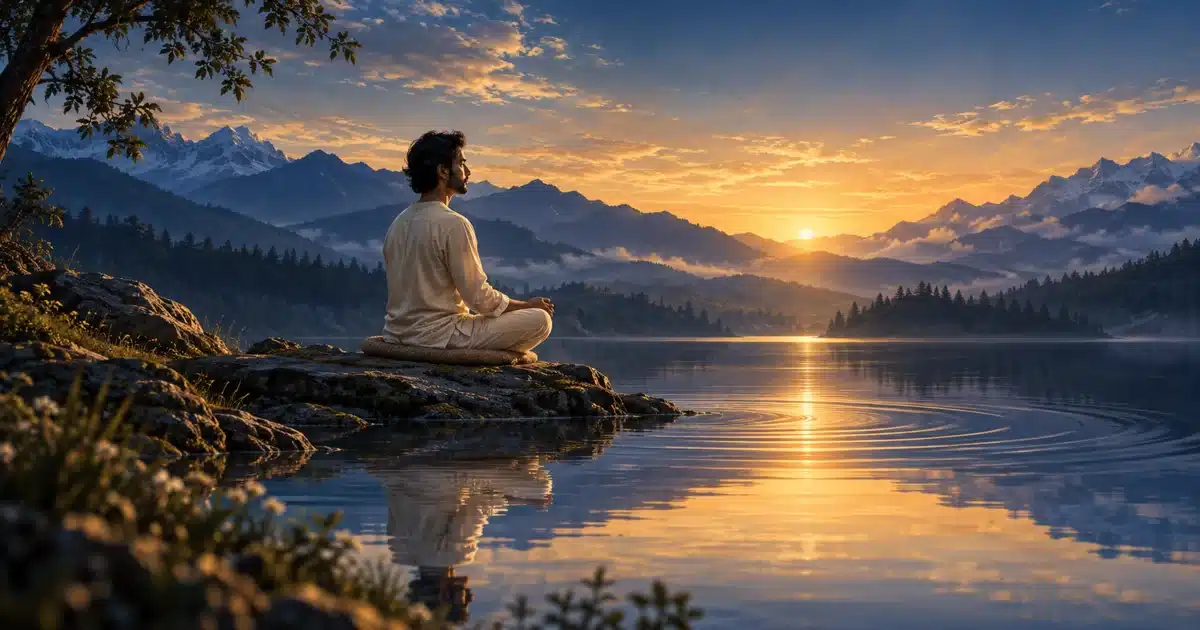 A person meditating beside a quiet lake as soft golden dawn light meets blue mountains.