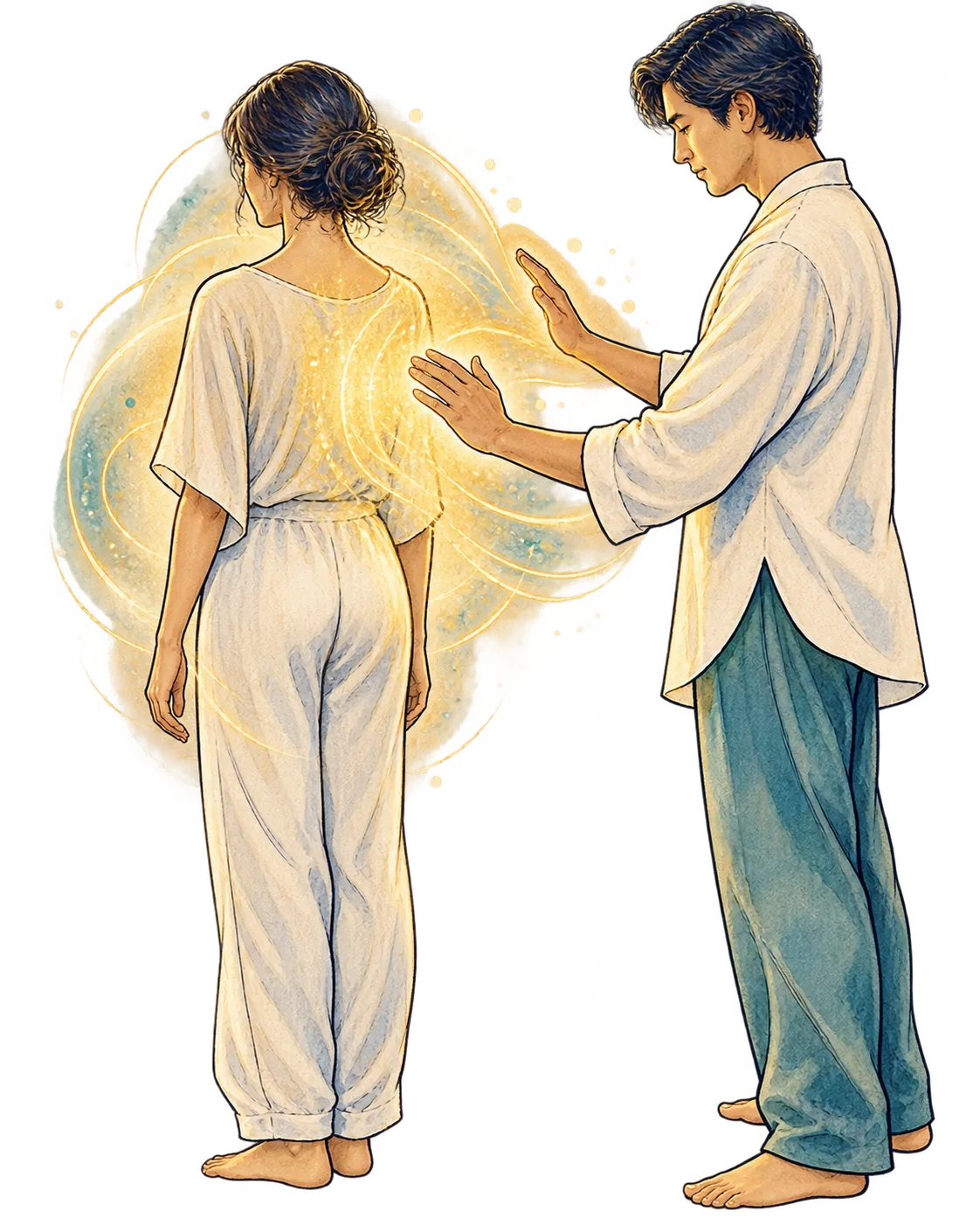 A Pranic Healing practitioner holding their hands a short distance from a fully clothed client, surrounded by a luminous energy field