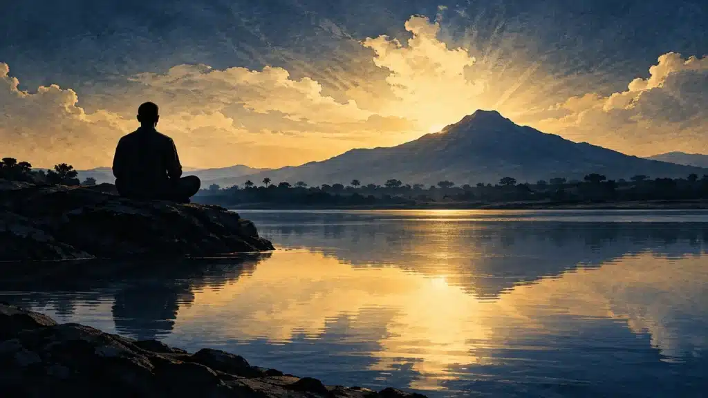 A seated figure beside still water faces Arunachala beneath a navy and gold sky.