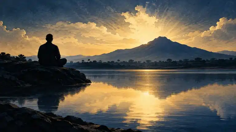 A seated figure beside still water faces Arunachala beneath a navy and gold sky.
